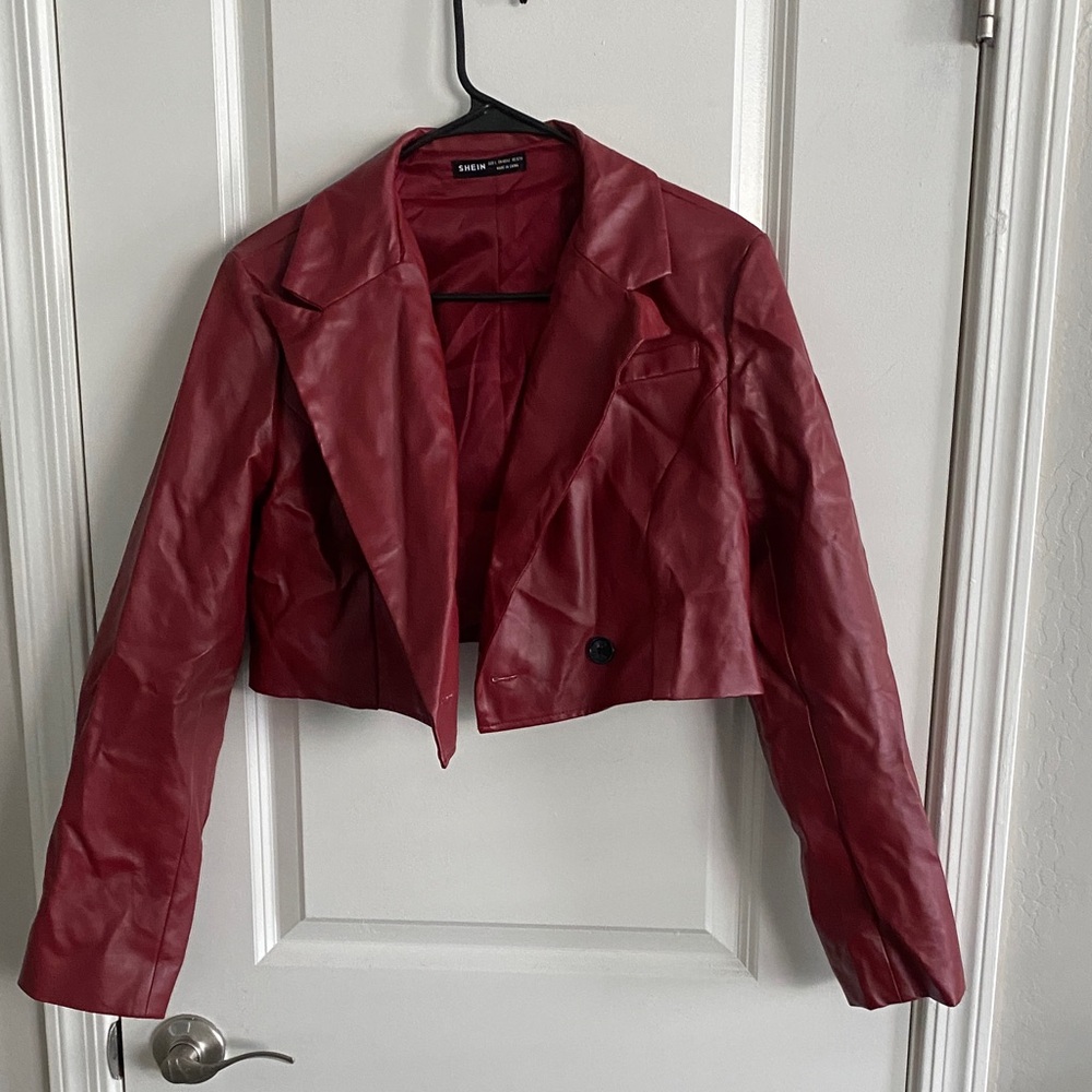 Red Cropped Leather Blazer